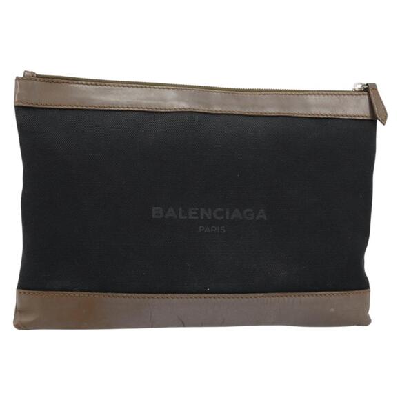 BALENCIAGA Navy Clip M Pouch Canvas Leather Black Silver Auth BA6615